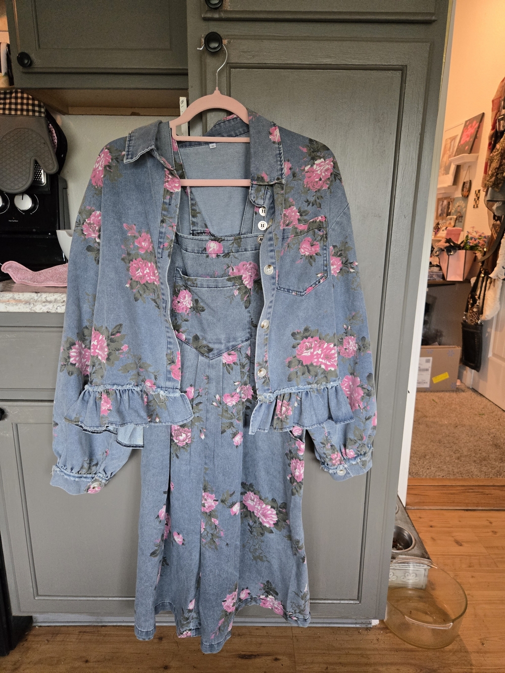 Floral Denim Overalls and Jacket Set - Pink Roses on Light Blue